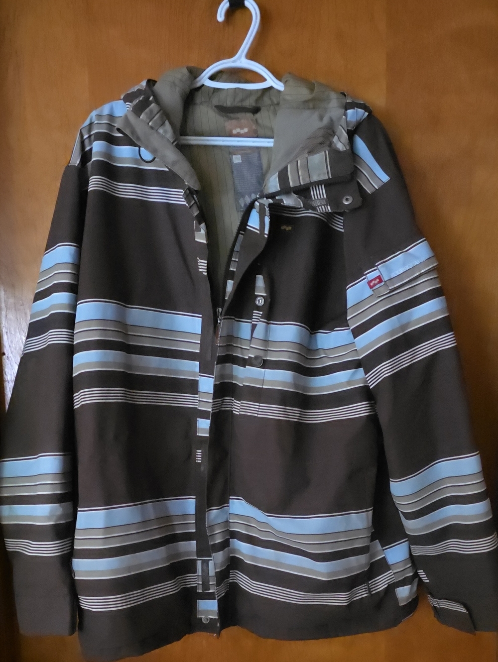 Men's Brown Striped Hooded Jacket with Blue Accents